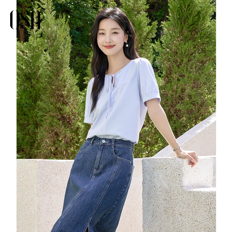 OSA/欧莎 法式V领系带衬衫女夏通勤百搭淡人穿搭蓝衬衫S125B12019