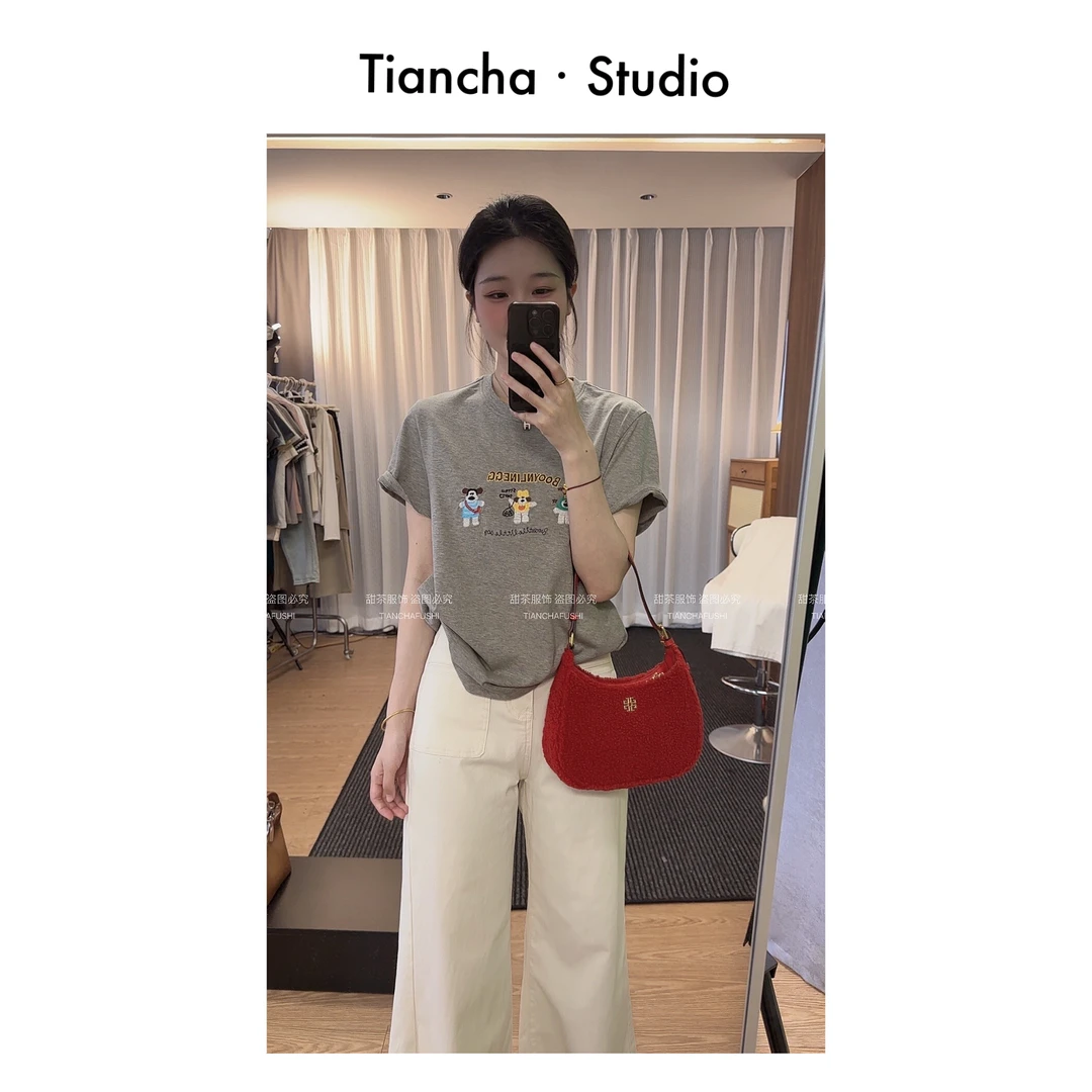 sweetc【穿搭小狗】M285#夏季韩版风正肩短袖T恤女毛巾绣休闲百搭