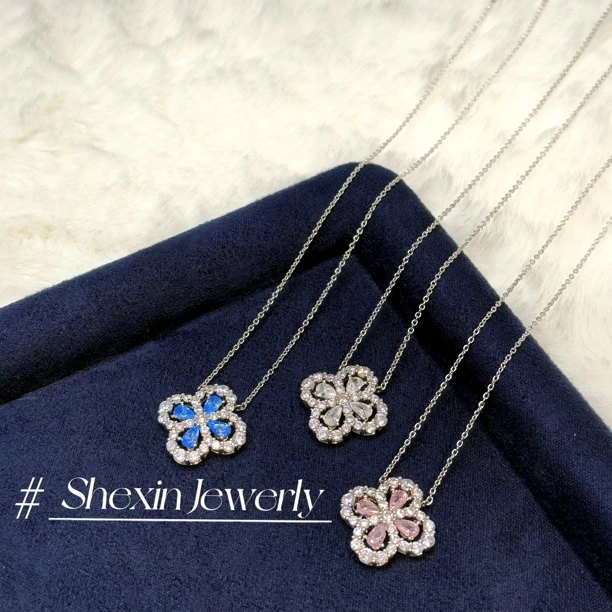 坠链均925银锆石 925银 满钻锆石镶嵌高端四叶草项链轻奢带钻