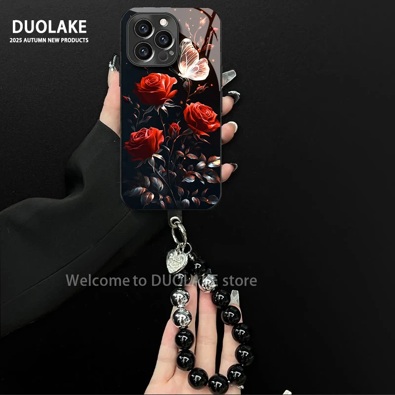 适用于苹果/oppo/华为/vivo/小米玫瑰蝴蝶电镀玻璃手链防摔手机壳