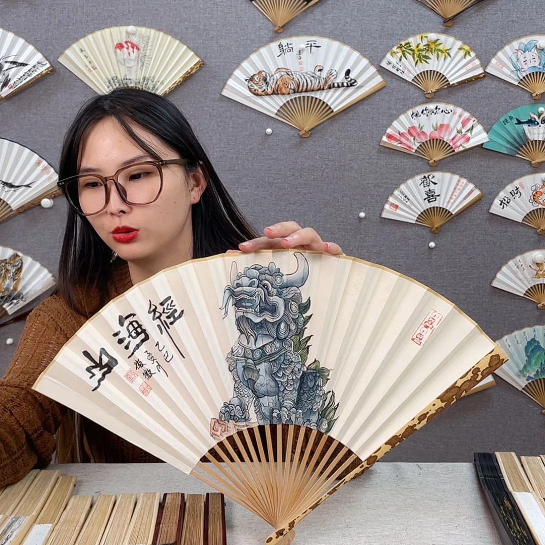 国画95寸梅妃-纯手绘-文玩扇骨（默认粘好）