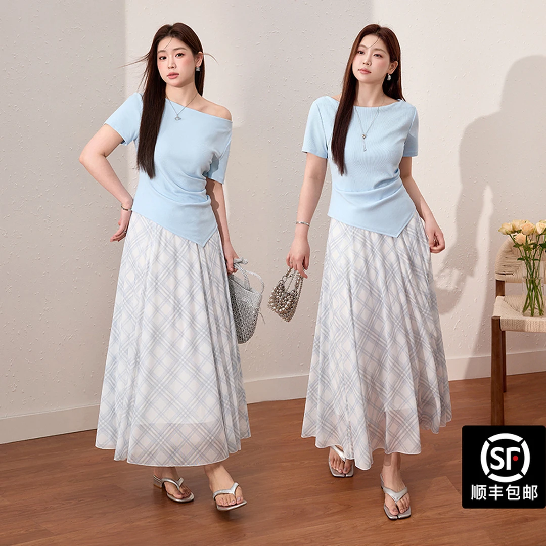 蓝语大码女装优雅蓝色显瘦短袖T恤格子半身裙夏季绝美两件套09631