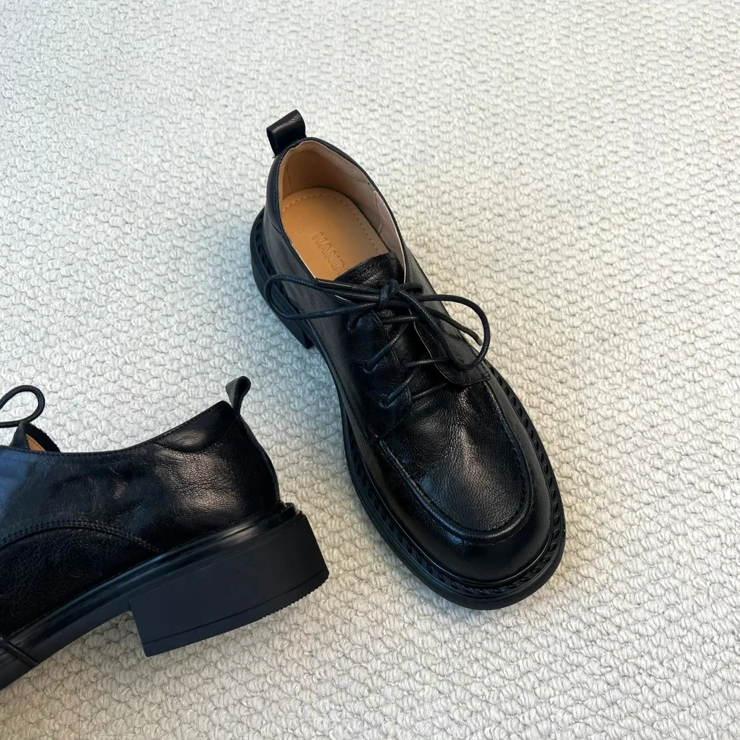 不累脚!英伦风系带小皮鞋女2025新款复古厚底乐福鞋黑色粗跟单鞋