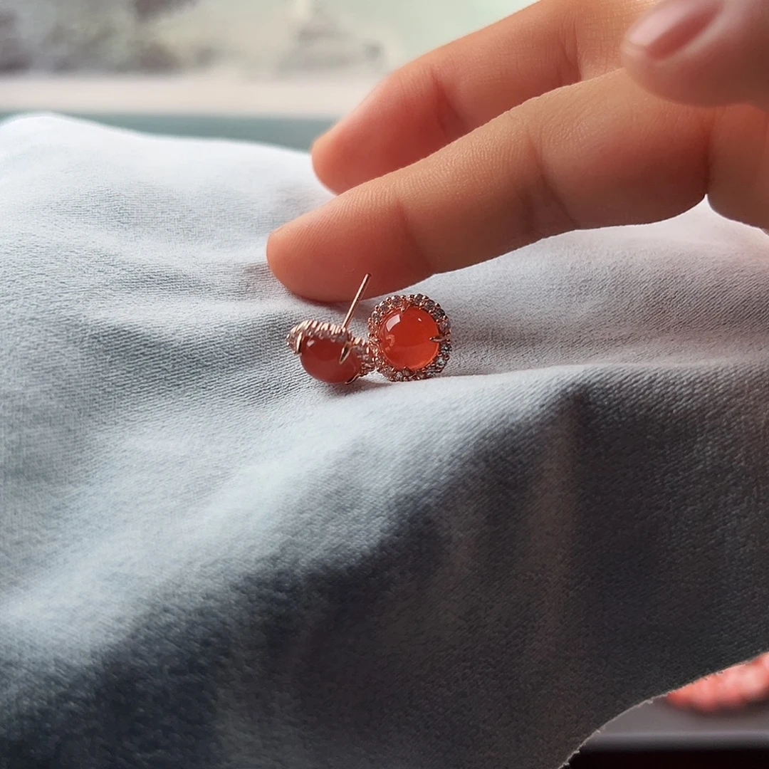 南红玛瑙合金手串保山原矿南红水红耳钉