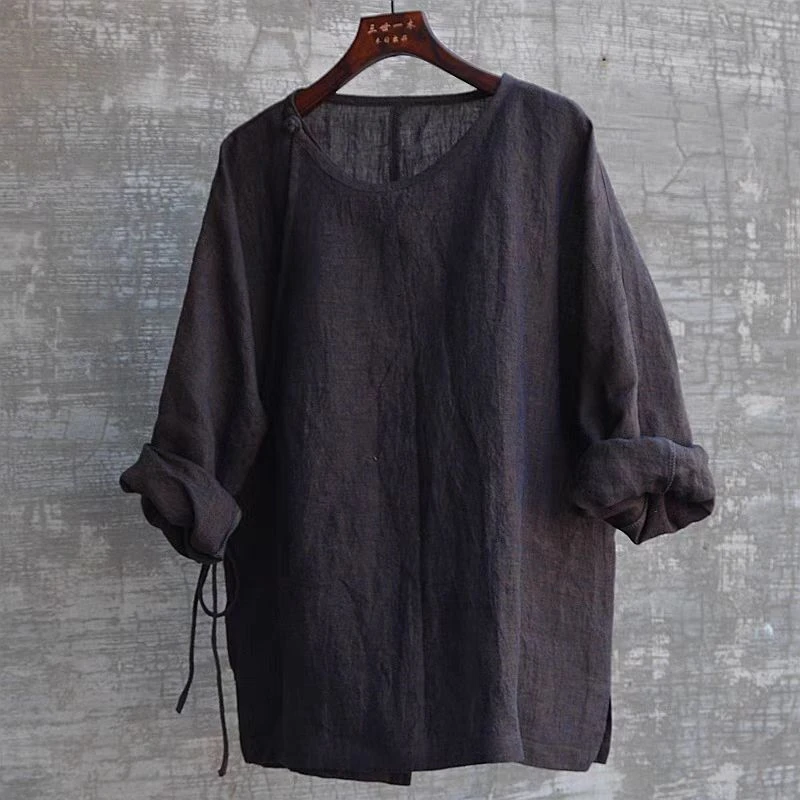 女款春夏圆领落肩纯色长袖原创设计复古中国风文艺大码