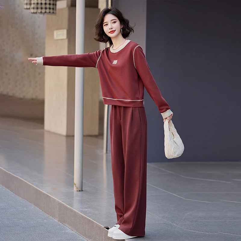 2025新款秋装时尚洋气安可拉红色休闲运动套装女卫衣直筒裤两件套