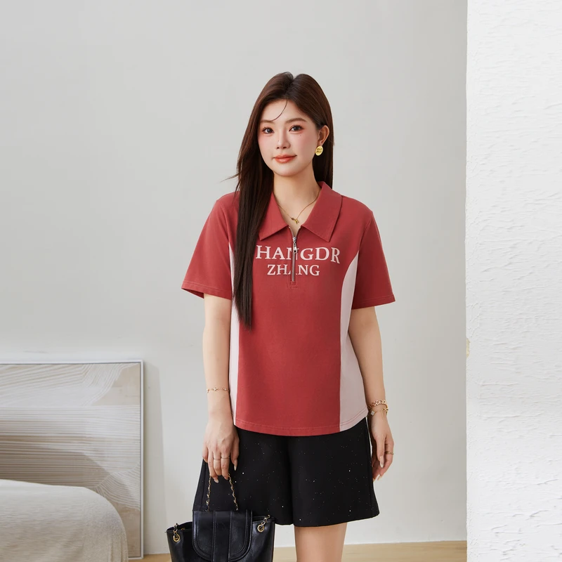 采多宝大码女装可甜可盐气质活力翻领拼色T恤 EXZ5111