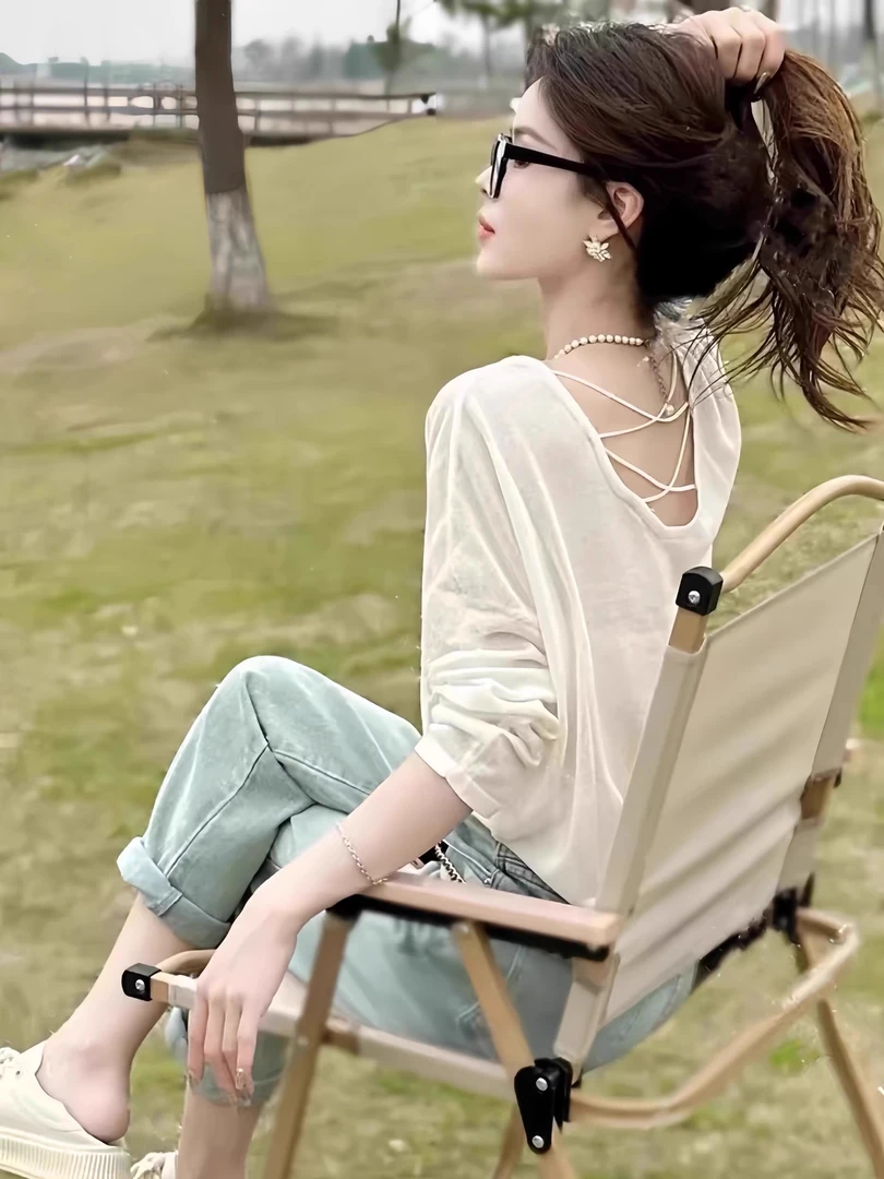 2025新款宽松轻薄款露背长袖防晒衣t恤女夏空调罩衫大码针织衫女