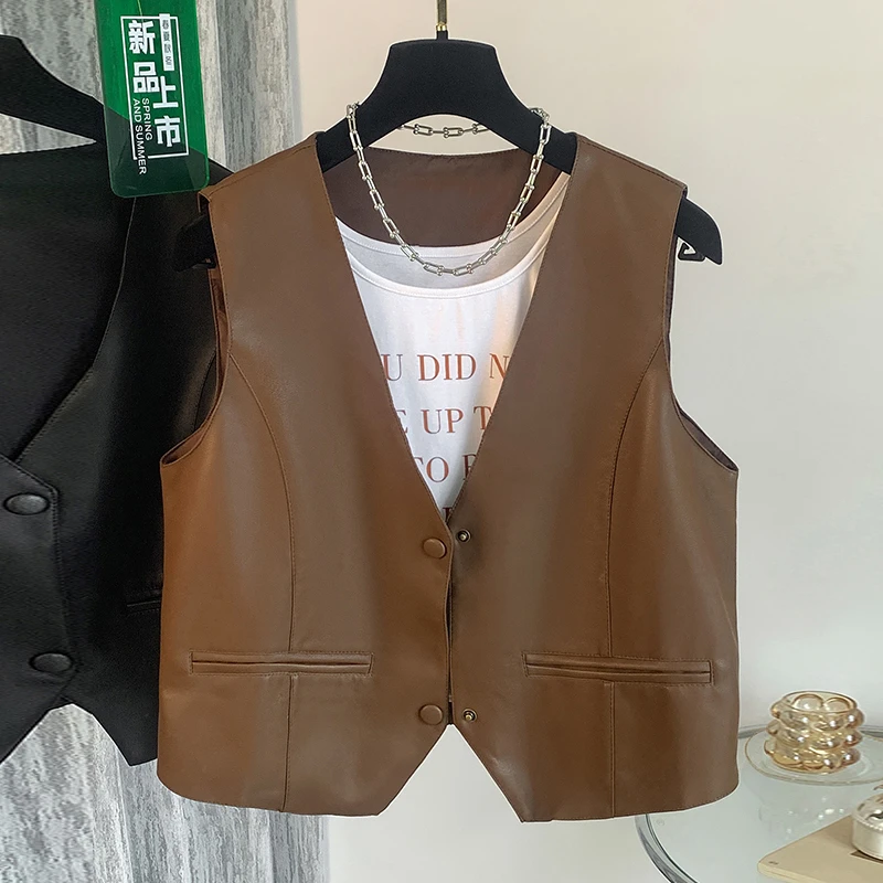 2025新款V领外搭小马夹皮衣女秋季港风短款叠穿pu皮马甲背心外套