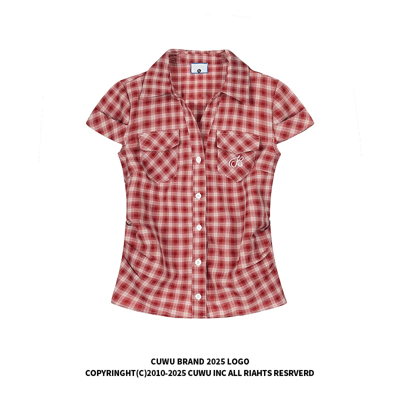 cuwu美式辣妹格纹短袖衬衫女装夏季修身显瘦收腰衬衣休闲短款上衣