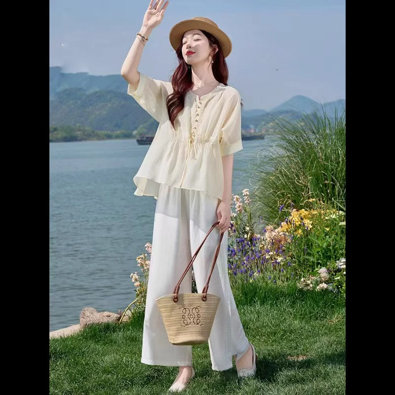 〈纪朵研〉1144套装女夏季2025新款时尚文艺气质减龄衬衫阔腿裤两件