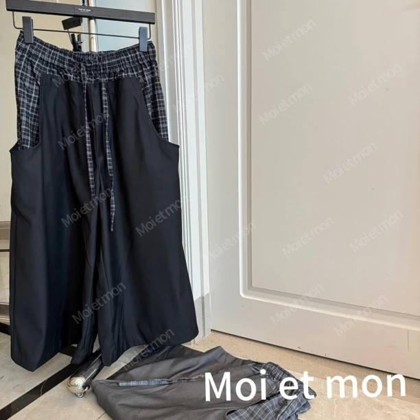 【Moi et mon】春季新款宽松时尚休闲百搭八分裤格纹拼接抽绳中裤
