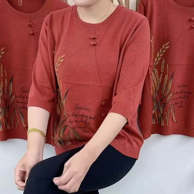 2025秋季新款时尚百搭印花中年妈妈针织衫上衣国风气质盘扣毛衣女