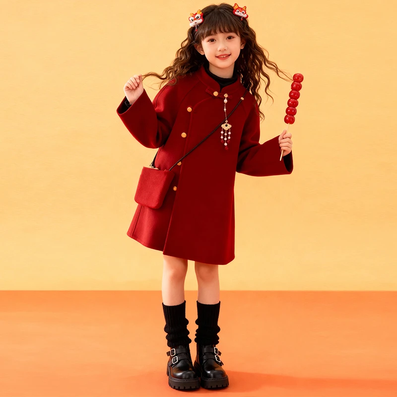 女童大衣秋冬外套2025新款新中式国风加厚红色新年服外套毛呢冬季