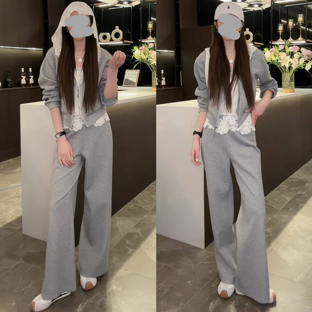 早春穿搭一整套女装蕾丝拼接假两件卫衣开衫外套百搭花边卫裤套装