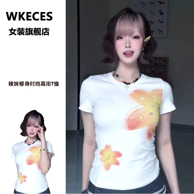 美式复古甜辣妹印花短袖t恤女夏季正肩圆领修身短款上衣ins