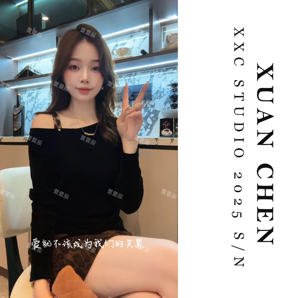 【芭蕾黑巧】秋季露肩小众炸街高级感女装丝绒T恤洋气衣服女#8776