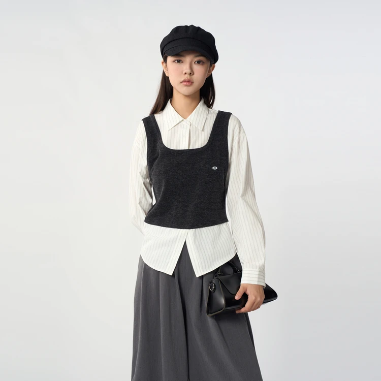 西町村屋假两件衬衣女装2025秋季新款韩系学院拼接衬衫XHAC10519