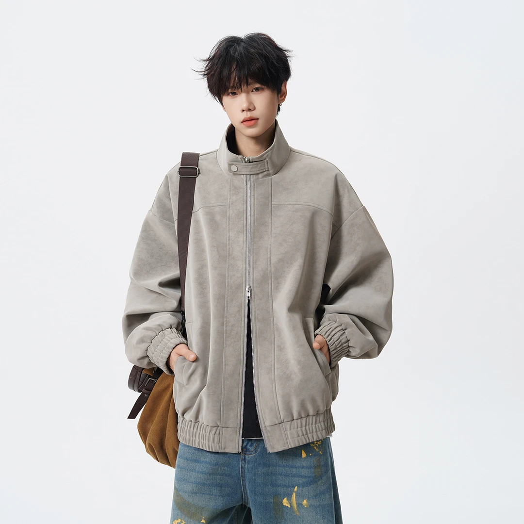 美式复古脏脏灰扎染pu皮衣外套男款春秋季立领机车服cleanfit夹克