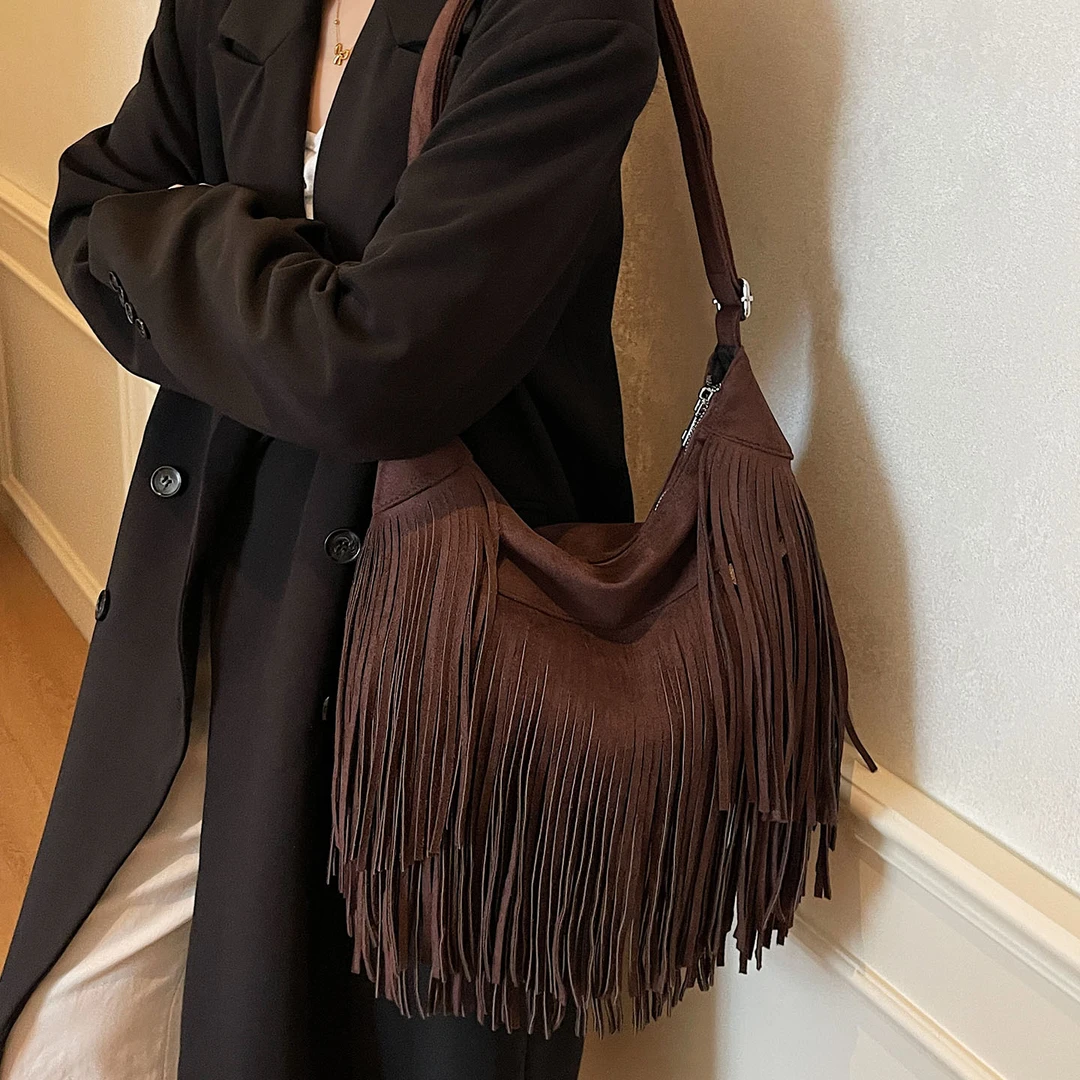 麂皮流苏大容量托特包2025时尚新款潮女式通勤单肩包爆款斜挎包