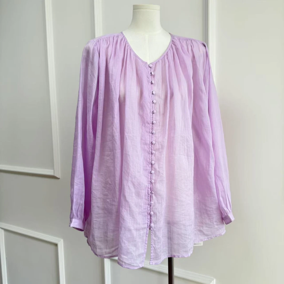 【Latti】南乔-气质长袖时尚百搭休闲夏季宽松圆领褶皱苎麻衬衣