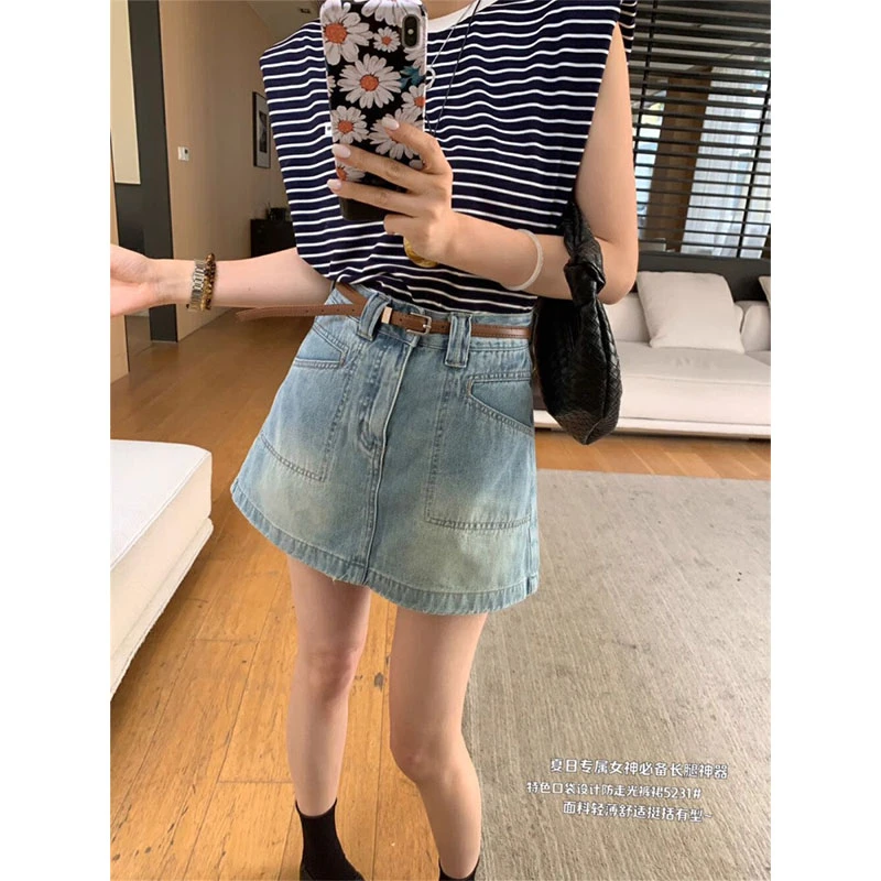 高腰浅蓝色牛仔短裙裤女夏日薄款欧货宽松显瘦休闲a字阔腿短裤裙