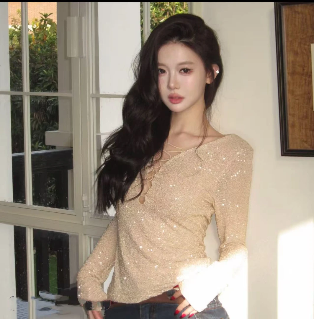 2025冬季新款打底时尚亮片两穿荡领网红T恤ins百搭打底衫短款女