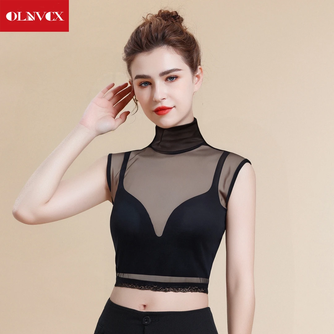 2025夏新半高领无袖打底衫女网纱修身半透性感女T恤洋气纯色背心