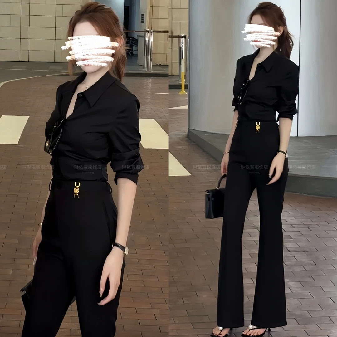 2025秋冬新款气质通勤职场舒适长袖衬衫百搭显瘦高腰喇叭西裤套装