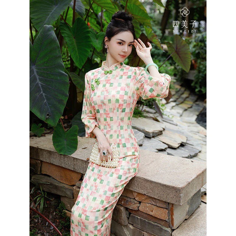 四美子【晚棠茵】新中式格纹针织灯笼袖旗袍裙春秋中国风日常旗袍