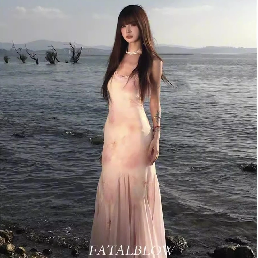 法式粉色碎花网纱吊带连衣裙女夏季海边度假修身收腰长裙