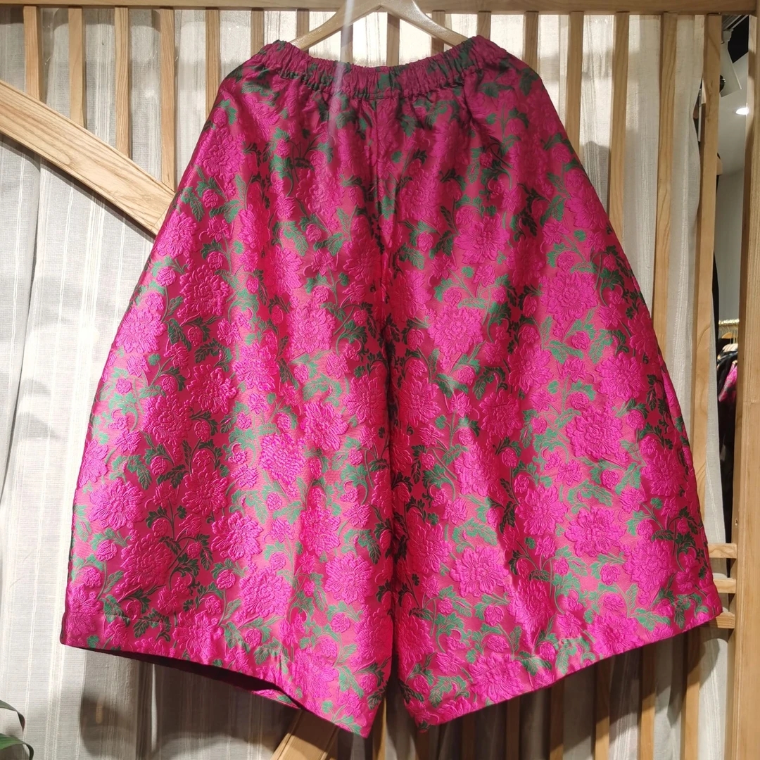 凤徕兮私人定制玫红色底绿色暗纹花全松紧花苞裤（SK5224）