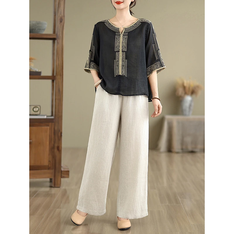 中年妈妈刺绣棉麻套装2025夏新款松弛感休闲减龄衬衫阔腿裤两件套