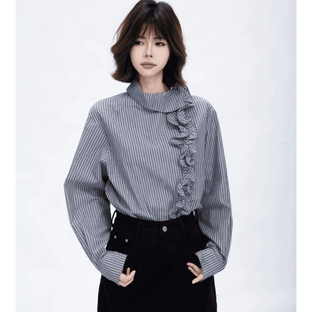 木耳花边衬衫法式不规则条纹高领韩系ins衬衣+韩系长裤BB50479