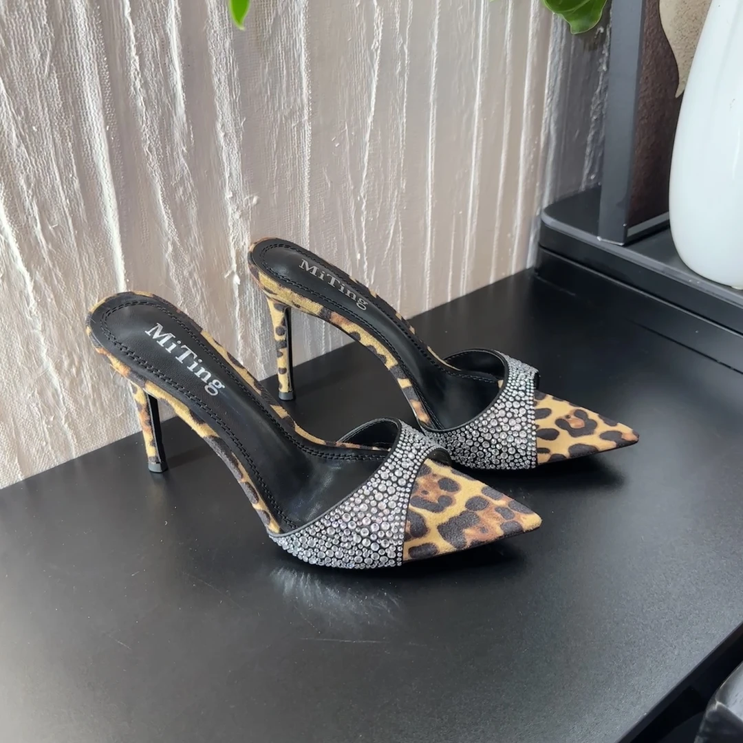 【小鱼高定】派对女王尖头水钻 豹纹 出口中东 高跟细跟拖鞋10公分