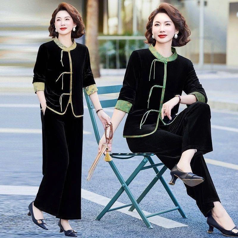 10225亿家中年妈妈新中式金丝绒上衣套装复古高贵国风款式