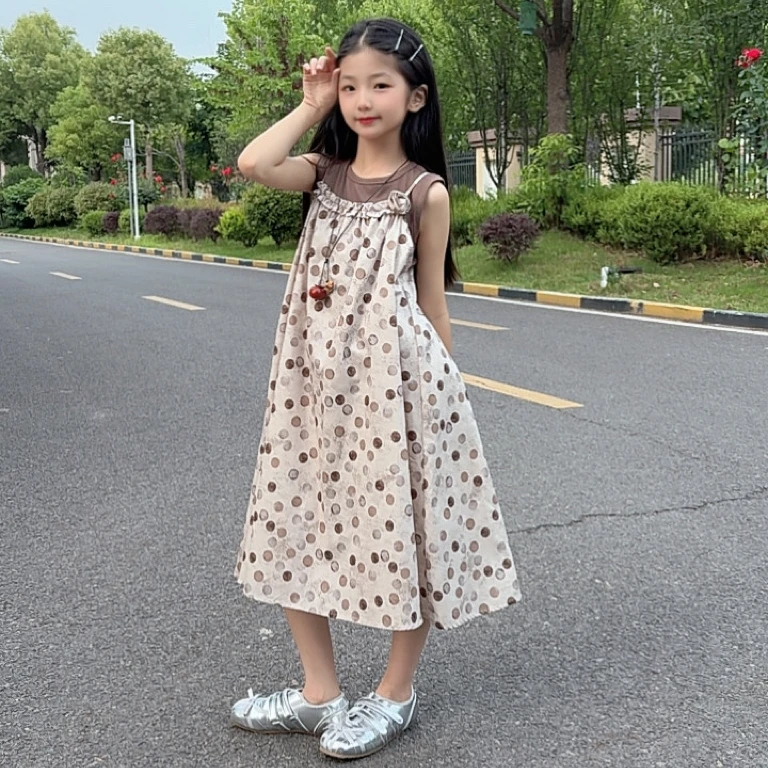 女童时尚韩版童装2025夏季儿童套装波点吊带连衣裙背心两件套
