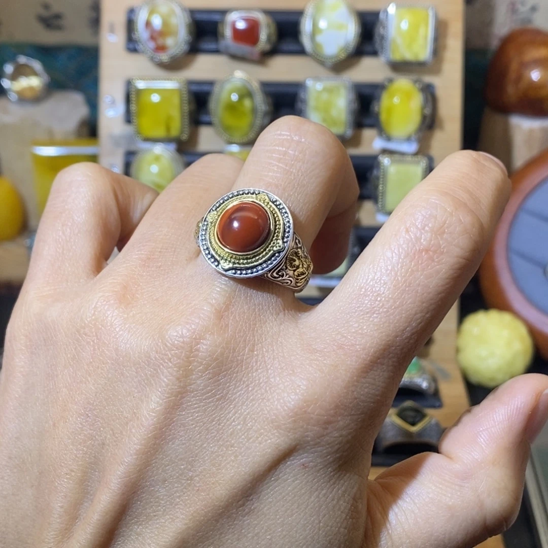 大***哥南红玛瑙银S925镶嵌戒指