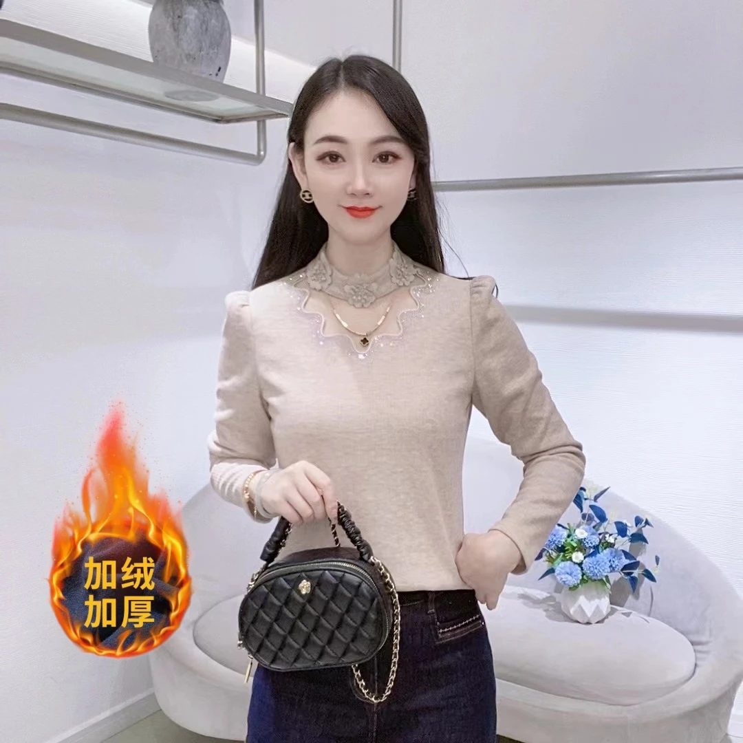 晴A9190法式花边加绒加厚冬季新款显瘦百搭洋气减龄时尚女上衣