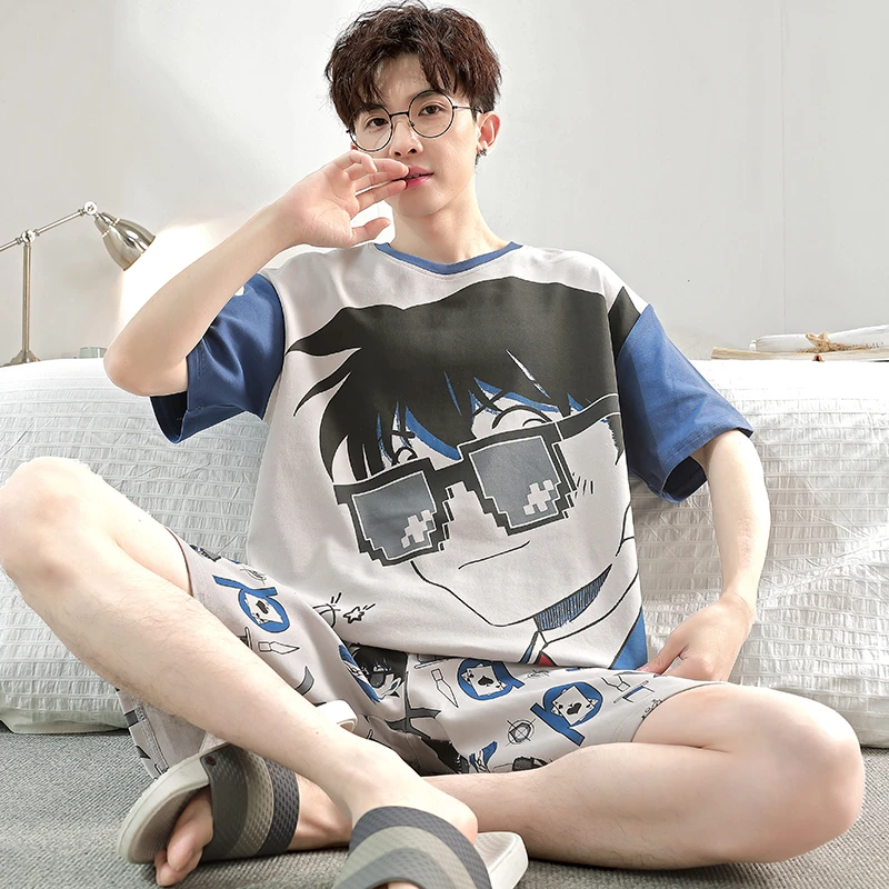 男士睡衣纯棉夏季短袖薄款加大码学生卡通青年男款夏天家居服套装