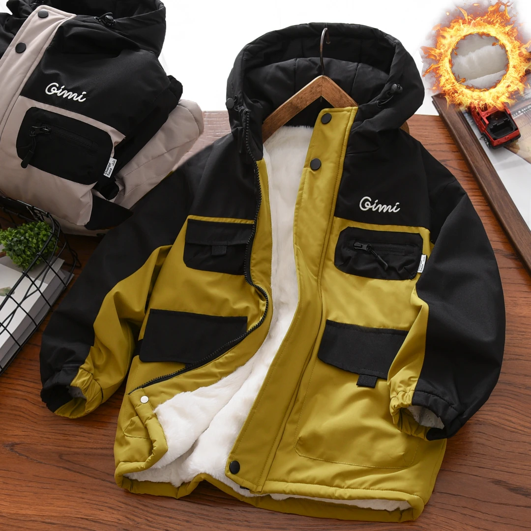 男童外套秋冬季2025新款中大童加绒夹棉加厚男孩儿童装冲锋衣棉服