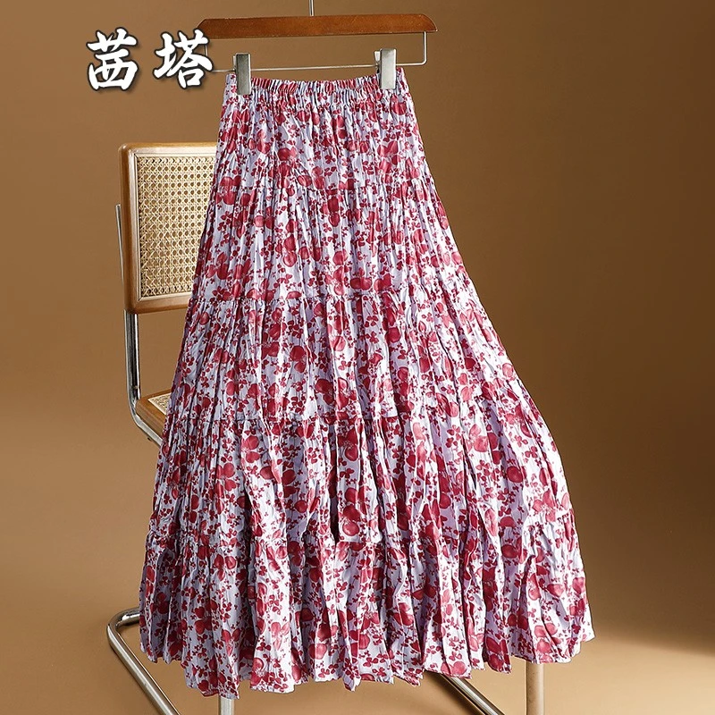 雪纺碎花拼接半身裙女春夏2025新款褶皱裙垂感大摆印花a字长裙子