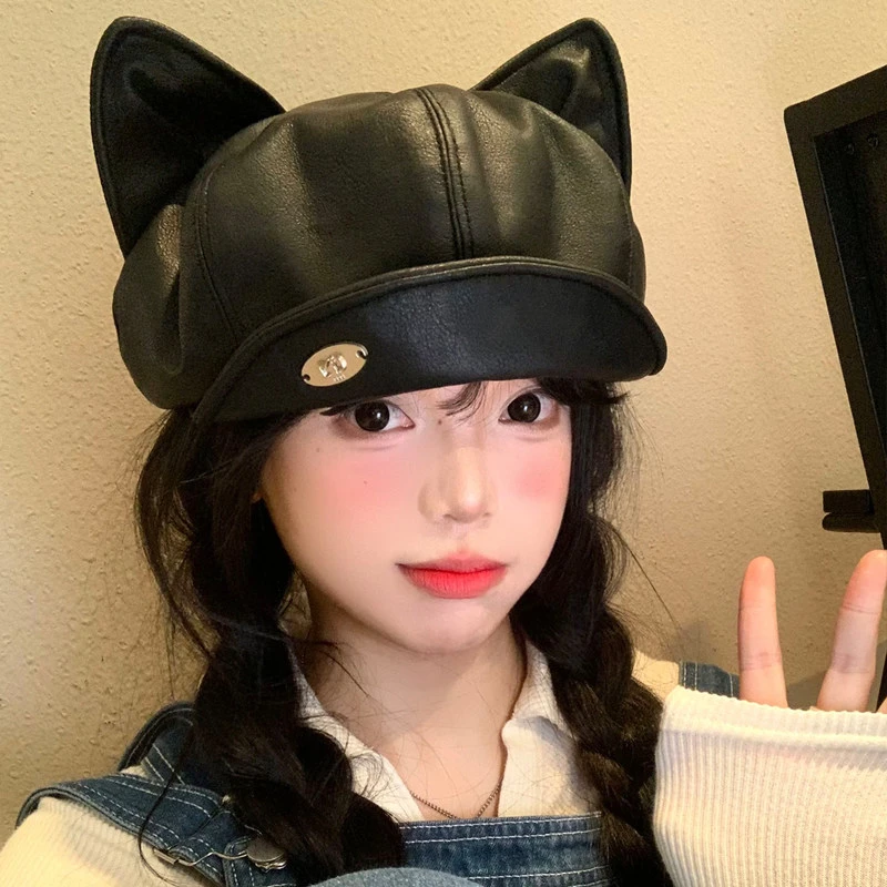 pu皮质猫耳朵贝雷帽女秋冬季甜酷显脸小八角帽大头围报童画家帽子
