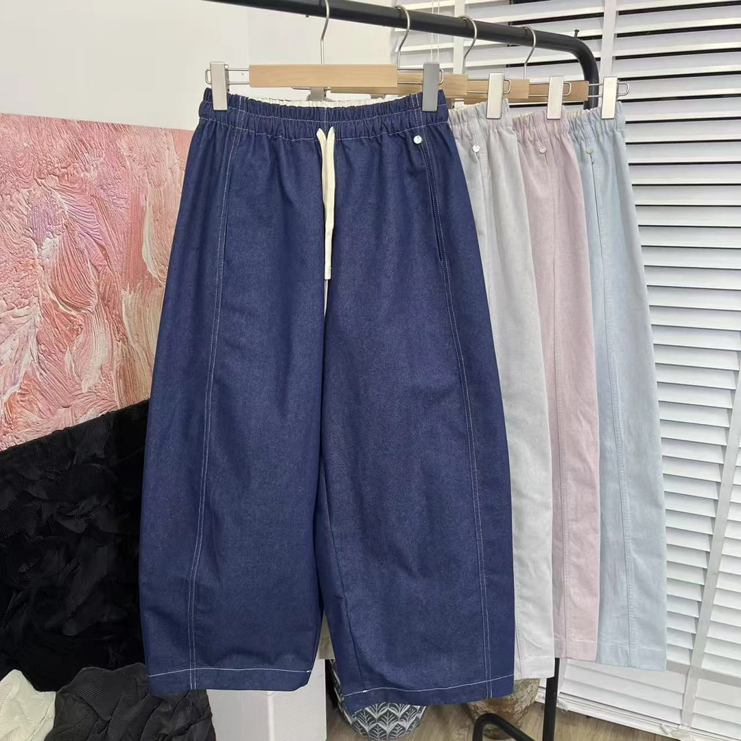 日系文艺神裤「水洗色系巨好看」松紧腰阔腿直筒长裤女E5171