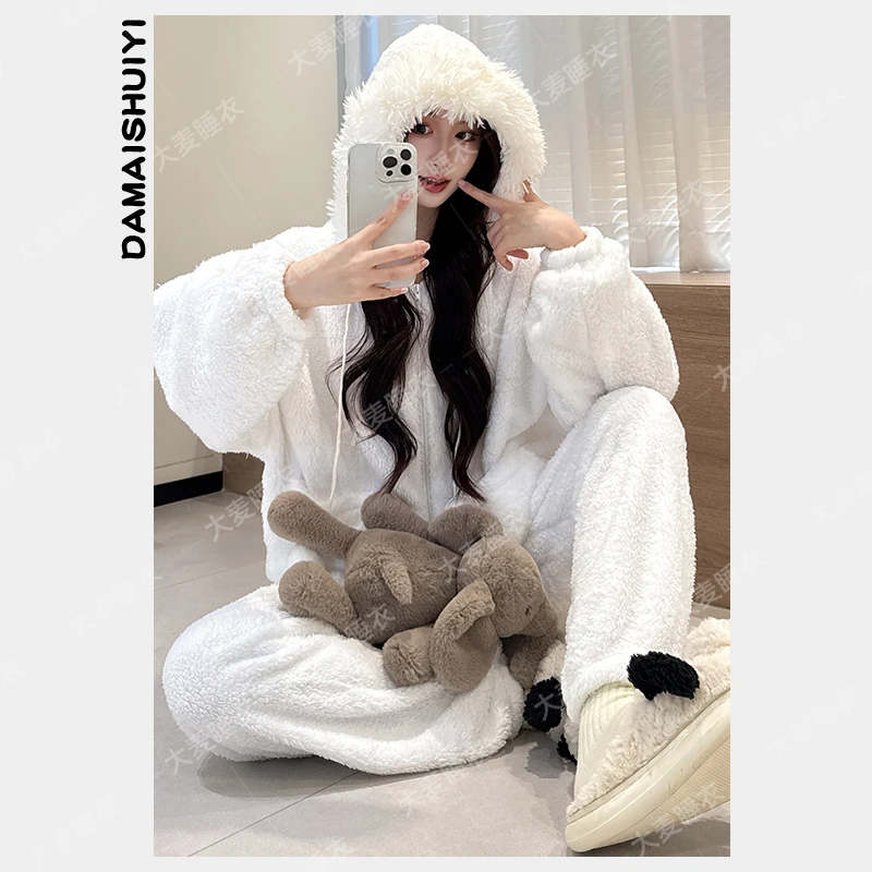 加绒加厚爆款睡衣女2025秋冬保暖珊瑚绒睡衣白色休闲可外穿家居服