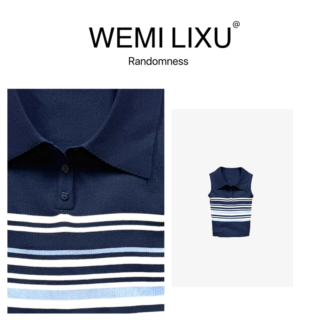 WEMI LIXU“海岸线”夏季时尚百搭翻领条纹女装修身无袖针织衫1177