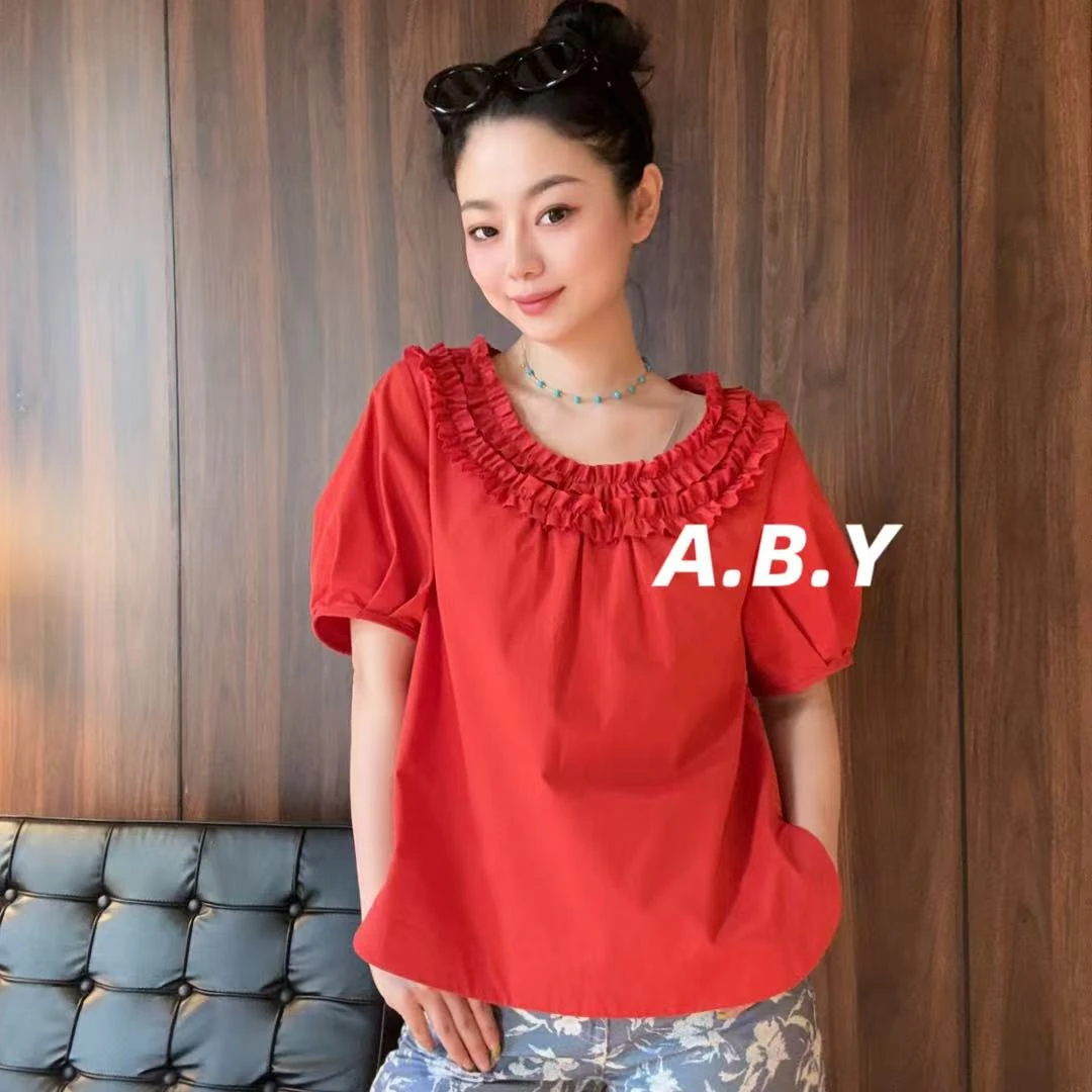 【红衣女孩】夏季甜美减龄木耳边气质女装棉衬衫【250607-1】