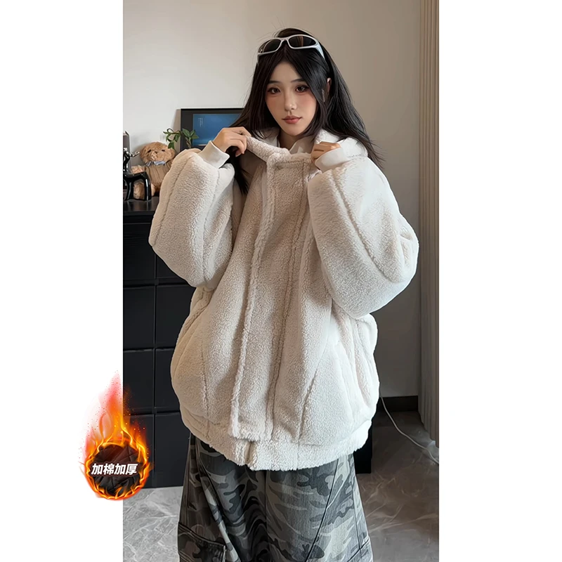 美式慵懒羊羔绒棉服外套男冬加绒加厚摇粒绒连帽棉衣情侣百搭上衣