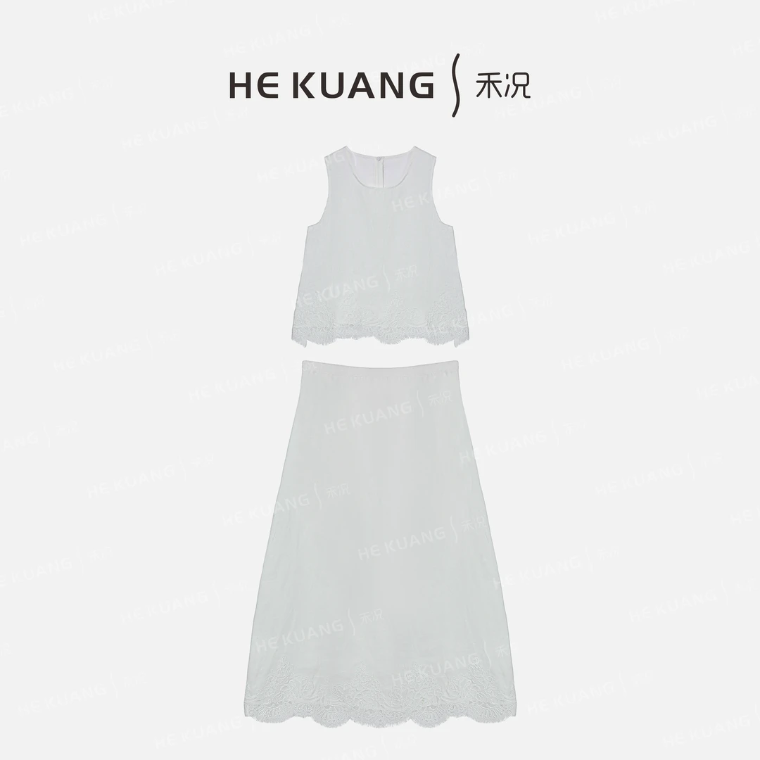 禾况HEKUANG【霜痕蕾边】亚麻新款时尚蕾丝拼接套装D652 0282 Z