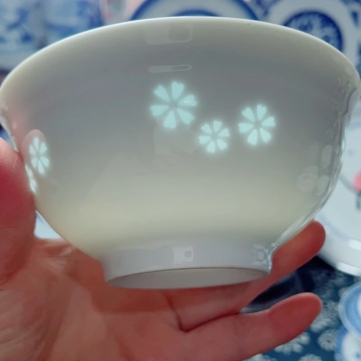 青花玲珑5寸饭碗三星花素玲珑